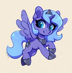 Size: 672x685 | Tagged: safe, artist:maytee, princess luna, alicorn, beige background, chibi, crown, cute, female, filly, filly luna, foal, g4, hoof shoes, imported from derpibooru, jewelry, lunabetes, mare, pony, regalia, s1 luna, simple background, solo, woona, younger