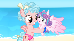 Size: 1773x978 | Tagged: safe, princess flurry heart, a better ending for cozy, alicorn, artist needed, baby, beach, bikini, bikini bottom, clothes, cozy glow, cozybetes, cute, diaper, duo, duo female, female, filly, flurrybetes, foal, g4, imported from derpibooru, ocean, outdoors, pegasus, pony, swim diaper, swimsuit, water