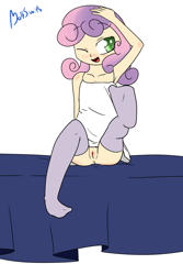 Size: 1000x1500 | Tagged: explicit, artist:boltswift, sweetie belle, banned from derpibooru, bed, child, clothes, female, imported from twibooru, lolicon, nudity, stockings, thigh highs, underage, vagina, young