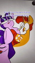 Size: 720x1280 | Tagged: safe, artist:crookedbeetles, spike, starlight glimmer, twilight sparkle, animated, carl's jr., colt, dragon, dragons riding ponies, eye clipping through hair, eyebrows, eyebrows visible through hair, female, filly, foal, g4, horn, imported from derpibooru, male, pony, riding, riding a pony, s5 starlight, sound, spike riding twilight, sunburst, unicorn, vulgar, webm, whispering, wingless spike