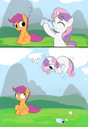 Size: 677x971 | Tagged: safe, artist:caraloh, scootaloo, sweetie belle, caraloh is trying to murder us, cloud, confused, drink, drinking, duo, duo female, female, filly, floating, flying, foal, g4, horn, imported from derpibooru, outdoors, pegasus, pony, question mark, thermos, unicorn