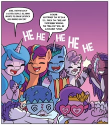 Size: 713x823 | Tagged: safe, spoiler:comic, bracelet, braces, coat markings, cute, dialogue, earth pony, edit, eyes closed, female, filly, foal, food, friendship bracelet, g5, giggling, grin, happy, hat, hoofbump, horn, idw, imported from derpibooru, incest, izzy moonbow, jewelry, laughing, lesbian, mane stripe sunny, mare, misty brightdawn, my little pony: black white & blue, nightcap, official comic, open mouth, open smile, pegasus, pinto, pipp petals, pony, popcorn, prank, royal sisters (g5), ship:petalstorm, shipper on deck, shipping, siblings, sisters, skye, sleep mask, sleeping, smiling, socks (coat markings), speech bubble, sunny starscout, text edit, that pony sure does love popcorn, this will end in laughs, unicorn, violette rainbow, violettebetes, vitiligo, zebra, zipp storm