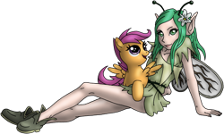 Size: 1231x740 | Tagged: safe, artist:sephiroth7734, scootaloo, antennae, clothes, crossover, dress, dryad, duo, duo female, elf ears, fairy, fairy wings, female, filly, flower, flower in hair, foal, g4, green eyes, green hair, imported from derpibooru, necile, nymph, pegasus, pony, rankin/bass, reclining, sandals, simple background, sitting, the life and adventures of santa claus, transparent background, wings