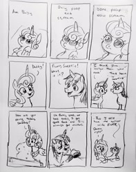Size: 2296x2920 | Tagged: safe, artist:pony quarantine, princess flurry heart, shining armor, series:pq funnies, alicorn, baby, baby pony, comic, comic strip, dialogue, elderly, father and child, father and daughter, female, filly, foal, g4, grayscale, horn, imported from derpibooru, internal monologue, male, mare, monochrome, older, older flurry heart, older shining armor, pencil drawing, pony, princess cadance, stallion, traditional art, trio, unicorn
