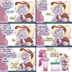 Size: 2372x2372 | Tagged: safe, artist:xconito, anthro, baby, bags under eyes, band-aid, breastfeeding, breasts, comic, cute, derpy hooves, dialogue, dinkabetes, dinky hooves, ear piercing, earring, earth pony, eyebrows, eyebrows visible through hair, female, filly, floating wings, foal, g4, hand on hip, hat, horn, implied doctorderpy, implied shipping, implied straight, imported from derpibooru, jewelry, mailmare, mailmare hat, mother and child, mother and daughter, nonsexual nursing, nursing, pegasus, piercing, sleepy, speech bubble, spoiled rich, suckling, sweat, tired, trio, trio female, unguligrade anthro, unicorn, wings