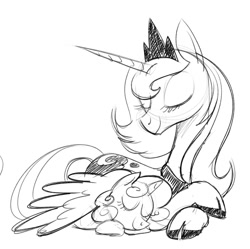 Size: 727x723 | Tagged: safe, artist:mellodillo, princess luna, sweetie belle, alicorn, cloven hooves, duo, duo female, eyes closed, female, filly, foal, g4, grayscale, horn, imported from derpibooru, lying down, mare, monochrome, nap, pony, prone, s1 luna, simple background, sketch, sleeping, smiling, unicorn, white background, wing blanket, winghug, wings