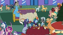 Size: 4000x2257 | Tagged: safe, artist:zevanthdragoness, applejack, fluttershy, princess flurry heart, rainbow dash, rarity, shining armor, oc, oc:avalanche rider, oc:big red, oc:boysenberry cheesecake, oc:cloud dancer, oc:golden crunch, oc:serene stanza, alcohol, alicorn, alternate design, beard, big macintosh, blaze (coat marking), christmas, christmas tree, cider, cider mug, clothes, coat markings, colored, couch, curved horn, discord, draconequus, drink, ear piercing, earring, earth pony, facial hair, facial markings, feather, female, filly, filly flurry heart, flat colors, foal, food, g4, glowing, glowing horn, granny smith's shawl, holiday, horn, horn ring, imported from derpibooru, indoors, jewelry, levitation, magic, magical lesbian spawn, male, mare, martini, martini glass, mug, necklace, obtrusive watermark, offspring, older, older applejack, older big macintosh, older fluttershy, older rainbow dash, older rarity, open mouth, open smile, parent:applejack, parent:big macintosh, parent:cheese sandwich, parent:coloratura, parent:fluttershy, parent:pinkie pie, parent:rainbow dash, parent:thunderlane, parents:cheesepie, parents:fluttermac, parents:rarajack, parents:thunderdash, partial color, party, pearl necklace, pegasus, piercing, pony, preggoshy, princess cadance, ring, scar, scarf, shawl, ship:fluttermac, ship:shiningcadance, ship:thunderdash, shipping, smiling, stallion, straight, sweater, telekinesis, thunderlane, tree, turtleneck, unicorn, unshorn fetlocks, watermark, winged hooves