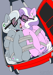 Size: 920x1300 | Tagged: grimdark, artist:kandlin, colorist:terramgp, diamond tiara, silver spoon, anthro, banned from derpibooru, bdsm, bondage, bound together, brainwashing, crying, dildo, double-ended dildo, female, glasses, hypnotic visor, imported from twibooru, kissing, lesbian, lolicon, nerdification, packaging, piercing, rape, rise of reason, sex, sex toy, shipping, silvertiara, suitcase, underage, unguligrade anthro