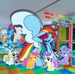 Size: 1683x1660 | Tagged: safe, artist:breadking, artist:cloudy glow, artist:greendwarf333, artist:salty air, artist:shadowdark3, artist:sollace, rainbow dash, scootaloo, adoption, alula, caption, colt, drop shadow, eye clipping through hair, female, filly, foal, g4, image macro, impact font, imported from derpibooru, indoors, lancer (deltarune), lemon daze, male, mare, mouth hold, outline, pegasus, play place, pluto, pony, princess erroria, rumble, scootadoption, text, white outline, wind sprint