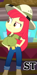Size: 731x1471 | Tagged: suggestive, artist:steca, apple bloom, banned from derpibooru, big breasts, breasts, busty apple bloom, cropped, edit, edited screencap, equestria girls, erect nipples, female, hands on hip, hat, huge breasts, human, imported from twibooru, lolicon, nipple outline, oppai loli, pith helmet, screencap, solo, solo female, underage
