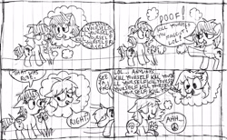 Size: 3937x2426 | Tagged: safe, artist:dhm, oc, oc:filly anon, /mlp/, 4chan, abstract background, comic, faggot, female, filly, flower, foal, funny, imported from derpibooru, inner demons, inner thoughts, insult, joke, lying down, monochrome, paper, peace sign, pen drawing, pencil drawing, pony, running, sketch, slur, smelling, speech bubble, standing, suicidal, suicidal ideation, suicide, talking, text, thought bubble, thoughts, traditional art, trolling, vent art, vulgar