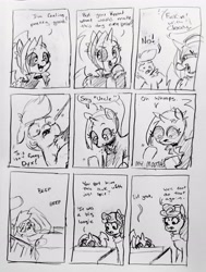 Size: 2245x2970 | Tagged: safe, artist:pony quarantine, oc, oc:dyx, series:pq funnies, alicorn, bed, blueberry curls, bully, bullying, cloudy daze, colt, comic, comic strip, dialogue, earth pony, female, filly, foal, g4, grayscale, hospital bed, imported from derpibooru, in bed, male, mare, monochrome, open mouth, pegasus, pencil drawing, pony, spit, traditional art, trio