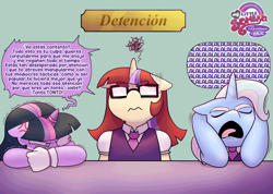 Size: 2117x1508 | Tagged: safe, artist:xconito, twilight sparkle, alternate version, anthro, clothes, colt trixie, cross-popping veins, detention, dialogue, emanata, female, filly, floppy ears, foal, g4, glasses, gloves, horn, horn ring, imported from derpibooru, jewelry, moondancer, moondancer is not amused, my little sombra: resistance is magic, pre-transition, ring, school, spanish, speech bubble, trans trixie, transgender, trio, trixie, unamused, unicorn, unicorn twilight
