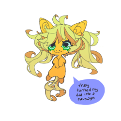 Size: 850x850 | Tagged: safe, artist:saipppua, applejack, big ears, dialogue, earth pony, female, filly, foal, g4, implied bright mac, implied death, imported from derpibooru, looking at you, orphan, pony, simple background, smiling, smiling at you, solo, speech bubble, white background, younger
