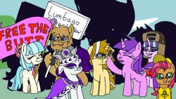Size: 960x540 | Tagged: suggestive, artist:neumaghanon, babs seed, rarity, starlight glimmer, oc, oc:coffee cake, :3, amethyst star, beard, blue eyes, blue mane, boop, brown coat, brown mane, cape, clothes, coco is an anal slut, coco pommel, communism, cream coat, crowd, crown, curly mane, donut, earth pony, equal cutie mark, evil smile, eyes closed, facial hair, female, filly, flag, floppy ears, foal, food, g4, glasses, green eyes, hat, horn, imported from derpibooru, jewelry, libertarian, lumbago, makeup, male, mare, messy mane, outdoors, pegasus, pink coat, pony, princess platinum, purple eyes, purple mane, red mane, regalia, serious, serious face, sign, smiling, stallion, striped mane, tail, unicorn, unshorn fetlocks, ushanka, white coat
