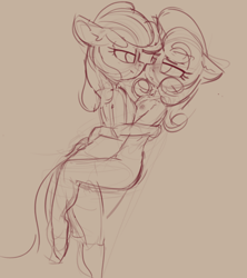 Size: 1051x1182 | Tagged: explicit, artist:yoditax, apple bloom, sweetie belle, anthro, banned from derpibooru, earth pony, female, imported from twibooru, lesbian, lolicon, monochrome, nipples, nudity, pony, shipping, simple background, sketch, sweetiebloom, underage, unguligrade anthro, unicorn