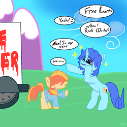 Size: 1024x1024 | Tagged: semi-grimdark, artist:neumaghanon, oc, oc:aimless, oc:colorful script, blank flank, blue coat, blue mane, clothes, cloud, colored, earth pony, excited, female, filly, foal, foaldom, grass, grass field, gullible, hidden eyes, horn, imminent rape, imminent sex, imported from derpibooru, male, mountain, oc only, outdoors, pointing, pony, purple eyes, reverse foalcon, reversed gender roles equestria, role reversal, signature, sparkles, speech bubble, stallion, tail, text, unicorn, van, vehicle