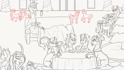 Size: 4000x2259 | Tagged: safe, artist:zevanthdragoness, applejack, fluttershy, princess flurry heart, rainbow dash, rarity, shining armor, oc, oc:avalanche rider, oc:big red, oc:boysenberry cheesecake, oc:cloud dancer, oc:golden crunch, oc:serene stanza, alicorn, big macintosh, christmas, christmas tree, clothes, couch, discord, draconequus, drink, ear piercing, earring, earth pony, female, filly, filly flurry heart, foal, food, g4, holiday, horn, imported from derpibooru, indoors, jewelry, levitation, lineart, magic, magical lesbian spawn, male, mare, martini glass, necklace, offspring, open mouth, open smile, parent:applejack, parent:big macintosh, parent:cheese sandwich, parent:coloratura, parent:fluttershy, parent:pinkie pie, parent:rainbow dash, parent:thunderlane, parents:cheesepie, parents:fluttermac, parents:rarajack, parents:thunderdash, partial color, party, pearl necklace, pegasus, piercing, pony, preggoshy, princess cadance, shawl, ship:fluttermac, ship:shiningcadance, ship:thunderdash, shipping, smiling, stallion, straight, sweater, telekinesis, thunderlane, tree, unicorn, wip