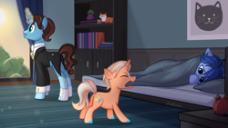 Size: 1920x1080 | Tagged: safe, artist:limedazzle, oc, oc:alphie, oc:carson, oc:james, blanket, colt, foal, goat, goat pony, horn, imported from derpibooru, indoors, magic, male, mouth hold, oc only, pony, quadrupedal, stallion, unicorn