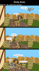 Size: 1920x3516 | Tagged: safe, artist:platinumdrop, oc, oc:dusty hooves, comic:dusty acres, series:technoverse, 3 panel comic, autumn, basket, comic, commission, derpy hooves, dialogue, earth pony, female, filly, flying, foal, g4, hat, hoof hold, imported from derpibooru, male, outdoors, pegasus, pony, speech bubble, stallion, talking, walking, younger