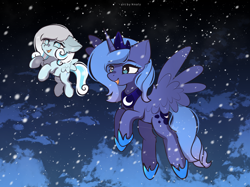 Size: 2500x1872 | Tagged: safe, artist:nnaly, princess luna, oc, oc:snowdrop, series:nnaly's daily luna, alicorn, duo, female, filly, foal, g4, imported from derpibooru, open mouth, open smile, pegasus, pony, s1 luna, smiling, snow