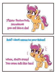 Size: 2000x2680 | Tagged: safe, artist:lou, scootaloo, comic, deadbeat, dialogue, female, filly, flapping, flapping wings, foal, g4, happy, implied rainbow dash, implied snap shutter, imported from derpibooru, meme, open mouth, open smile, pegasus, pony, simple background, smiling, white background, wings