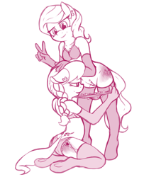 Size: 1500x1850 | Tagged: explicit, artist:fearingfun, diamond tiara, silver spoon, anthro, assisted exposure, banned from derpibooru, bra, clothes, cutie mark, dreamworks face, female, frilly underwear, imminent cunnilingus, imminent oral, imported from twibooru, lesbian, lolicon, monochrome, nudity, older, older diamond tiara, older silver spoon, panties, panties around legs, panties pulled down, peace sign, piercing, shipping, silvertiara, socks, spank mark, spanking, tattoo, thigh highs, underage, underwear, undressing, unguligrade anthro, vagina