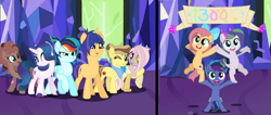 Size: 1280x542 | Tagged: safe, artist:twinklesentrymlp0809, oc, oc:cheese cake, oc:fire drop, oc:galatic sentry, oc:harmony chaos, oc:lucky apple, oc:magic chaos, oc:rainboom, oc:sugar party, oc:thunder wish, dracony, female, filly, foal, horn, hybrid, imported from derpibooru, indoors, interspecies offspring, mare, offspring, parent:applejack, parent:caramel, parent:cheese sandwich, parent:discord, parent:flash sentry, parent:fluttershy, parent:pinkie pie, parent:rainbow dash, parent:rarity, parent:soarin', parent:spike, parent:twilight sparkle, parents:carajack, parents:cheesepie, parents:discoshy, parents:flashlight, parents:soarindash, parents:sparity, pegasus, pony, unicorn
