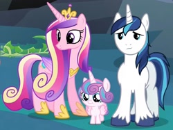 Size: 1449x1086 | Tagged: safe, princess flurry heart, shining armor, alicorn, changeling hive, cocoon, cropped, crown, family, female, filly, foal, folded wings, front view, g4, hoof shoes, horn, imported from derpibooru, jewelry, male, mare, my little pony: friendship is magic, peytral, princess cadance, princess shoes, regalia, screencap, season 6, stallion, to where and back again, trio, unicorn, wings