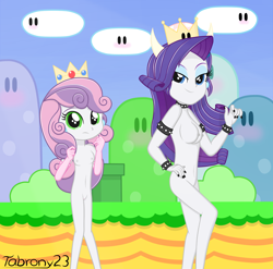 Size: 2056x2032 | Tagged: explicit, artist:tabrony23, rarity, sweetie belle, banned from derpibooru, bedroom eyes, belly button, bowsette, breasts, clothes, cosplay, costume, crossover, crown, cute, duo, duo female, equestria girls, female, gloves, imported from twibooru, jewelry, lolicon, long gloves, looking at you, nipples, nudity, princess peach, regalia, smiling, super mario bros., underage, vagina, vulva