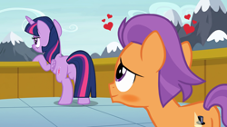 Size: 1368x768 | Tagged: safe, artist:lunaticdawn, twilight sparkle, alicorn, balcony, blushing, butt, colt, crush, cute, duo, duo male and female, earth pony, eyes on the prize, female, foal, g4, heart, imported from derpibooru, male, mare, mountain, outdoors, plot, pony, ship:twitaps, shipping, smiling, straight, tender taps, tender tush, twibutt, twilight's castle