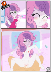 Size: 1076x1522 | Tagged: explicit, artist:theminus, sweetie belle, armpits, banned from derpibooru, barely legal, bed, blushing, breasts, clothed female nude female, clothed female nude male, colored, comic, crying, cum, equestria girls, eyes closed, fake id, female, female focus, flat colors, gritted teeth, implied virgin, imported from twibooru, lolicon, looking at you, male, male pov, nipples, nudity, offscreen character, older, on back, one eye closed, patreon, patreon logo, peace sign, penetration, pov, sex, sheet grab, show accurate, show accurate porn, smiling, soft color, solo focus, straight, tears of pain, underage, vaginal, vulva, wink