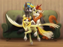 Size: 4000x3000 | Tagged: safe, artist:klarapl, oc, oc:tornado turbulence, alicorn, alicorn oc, autumn blaze, cloven hooves, couch, fangs, father and child, father and daughter, female, filly, foal, g4, horn, hybrid, imported from derpibooru, indoors, interspecies offspring, kirin, looking at each other, looking at someone, male, mother and child, mother and daughter, offspring, open mouth, open smile, parent:autumn blaze, parent:oc:tornado turbulence, parents and child, parents:canon x oc, pony, sitting, smiling, smiling at each other, stallion, straight, trio, winged kirin, wings