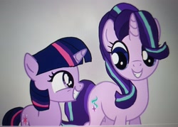 Size: 3423x2454 | Tagged: safe, artist:oumirot, starlight glimmer, twilight sparkle, female, filly, filly twilight sparkle, foal, g4, horn, imported from derpibooru, my little pony: friendship is magic, photo, picture of a screen, pony, smiling, unicorn, unicorn twilight, younger
