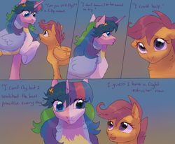 Size: 1700x1400 | Tagged: safe, artist:abbytabbys, scootaloo, oc, oc:patches-o-plenty, series:forever together au, alicorn, alternate universe, appleflaritwidashpie, comic, dialogue, duo, female, filly, foal, fusion, fusion:applejack, fusion:fluttershy, fusion:pinkie pie, fusion:rainbow dash, fusion:rarity, fusion:twilight sparkle, g4, hairclip, imported from derpibooru, pegasus, pony