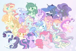 Size: 2150x1461 | Tagged: safe, artist:brella, apple bloom, applejack, fluttershy, pinkie pie, princess luna, rainbow dash, rarity, scootaloo, shining armor, starlight glimmer, twilight sparkle, :p, ;3, armor, bow, cape, carrot top, clothes, cowboy hat, digital art, ear piercing, earring, earth pony, eyeshadow, female, filly, floppy ears, flower, foal, folded wings, g4, golden harvest, group, hair bow, hair bun, hat, hoof shoes, horn, horn ring, imported from derpibooru, jewelry, lip bite, long hair, looking at you, makeup, male, mane six, mare, nervous, nightmare rarity, object in mouth, one eye closed, open mouth, pegasus, peytral, piercing, princess cadance, raised hoof, ring, rose, simple background, smiling, spread wings, stallion, stetson, sunset shimmer, tiara, tongue out, trixie, unicorn, unicorn twilight, wallflower blush, wings, wink, zephyr breeze
