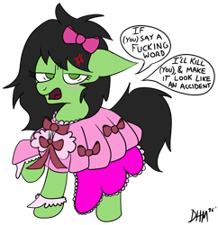 Size: 888x919 | Tagged: safe, artist:dhm, oc, oc:filly anon, (you), bow, clothes, cross-popping veins, cute, digital art, dress, emanata, embarrassed, female, filly, foal, frilly dress, hair bow, imported from derpibooru, looking at you, pony, simple background, solo, speech bubble, swearing, talking to viewer, text, threatening, tranon filly, trans female, transgender, transparent background, vent art, vulgar