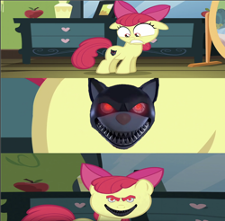 Size: 1586x1558 | Tagged: safe, apple bloom, apple bloom's cutie mark, bloom & gloom, earth pony, edit, edited screencap, exploitable meme, female, filly, foal, g4, imported from derpibooru, indoors, meme, my little pony: friendship is magic, nightmare fuel, photoshop, postman pat, postman pat the movie, pussbot, robot, screencap, season 5