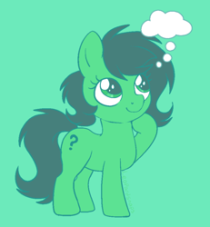 Size: 808x876 | Tagged: safe, artist:leopardsnaps, oc, oc:filly anon, earth pony, female, filly, foal, green background, hoof on chin, imported from derpibooru, looking up, oc only, pony, simple background, smiling, solo, thought bubble