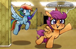 Size: 2048x1335 | Tagged: safe, artist:rafuez, rainbow dash, scootaloo, cute, cutealoo, duo, duo female, eye clipping through hair, eyebrows, eyebrows visible through hair, female, filly, flapping wings, foal, g4, imported from derpibooru, mare, pegasus, pony, speech bubble, the backrooms, this will not end well, wings, worried