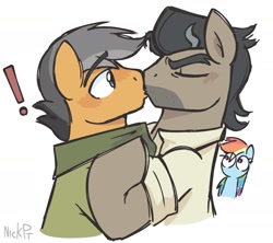 Size: 1411x1255 | Tagged: safe, artist:awessomest29761, rainbow dash, age difference, blushing, colt, doctor caballeron, duo, duo male, earth pony, exclamation point, eyes closed, facial hair, female, g4, gay, gay in front of girls, graying hair, imported from derpibooru, kiss on the lips, kissing, male, mare, no mouth, pegasus, pony, quibble pants, ship:quibblaron, shipping, signature, simple background, sketch, stallion, stallion on stallion, stubble, surprise kiss, surprised, thick eyebrows, trio, watermark, white background