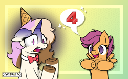 Size: 4724x2953 | Tagged: safe, artist:system128, scootaloo, oc, oc:sweet sundae, 4, 67, 67 meme, :d, abstract background, bowtie, chest fluff, colored hooves, d:, duo, emanata, female, filly, floppy ears, foal, g4, gradient background, half body, hat, hooves, horn, ice cream cone, imported from derpibooru, no pupils, number, open mouth, open smile, pegasus, pony, shadowed face, smiling, three toned mane, unicorn