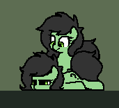 Size: 171x156 | Tagged: safe, artist:plunger, oc, oc:filly anon, desktop, desktop ponies, duo, earth pony, female, filly, foal, green background, imported from derpibooru, lying down, oc only, on ground, pixel art, pony, shimeji, simple background, smiling, sprite