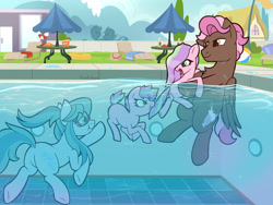 Size: 2105x1581 | Tagged: safe, artist:triadichues, oc, oc:pearl diver, oc:pearl diver (tender), oc:pearl necklace, oc:pearl necklace (tender), oc:rootbeer float, oc:swift current, beach ball, butt, commission, earth pony, family, female, filly, foal, food, imported from derpibooru, male, mare, oc only, outdoors, pegasus, plot, pony, siblings, stallion, swimming, swimming pool, twins, underwater, water, wings