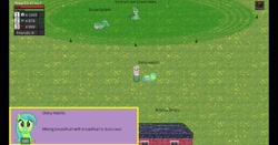Size: 1920x1009 | Tagged: safe, oc, oc:filly anon, building, cheating, dialogue, earth pony, female, filly, foal, game screencap, grass, grass field, horn, imported from derpibooru, marequest, oc only, outdoors, pony, text, unicorn
