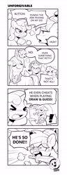 Size: 2695x7016 | Tagged: safe, artist:norisle, button mash, rarity, sweetie belle, comic:video game is magic, ><, colt, comic, earth pony, easel, eyes closed, female, filly, foal, g4, gritted teeth, horn, imported from derpibooru, lineart, male, mare, mouth hold, paintbrush, palette, pony, prince blueblood, shrunken pupils, stallion, sword, teeth, unicorn, weapon