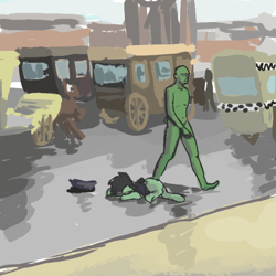 Size: 600x600 | Tagged: safe, artist:plunger, oc, oc:anon, oc:anon-mare, oc:filly anon, 4chan, ass, background pony, butt, clothes, defeat, defeated, female, filly, foal, g4, human, imported from derpibooru, knocked out, male, manehattan, meme reference, nudity, on floor, outdoors, police, police hat, police officer, police pony, police uniform, ponified, pony, strategically covered, street, surprised, taxi, taxi pony, unconscious, walking