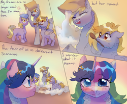 Size: 1700x1400 | Tagged: safe, artist:abbytabbys, oc, oc:patches-o-plenty, series:forever together au, accident, alicorn, alternate universe, appleflaritwidashpie, blushing, bowl, brother and sister, canon x oc, clumsy, colt, comic, crackle pop, derp, derpy hooves, dinky hooves, dream, eyebrows, eyebrows visible through hair, family, female, filly, flour, foal, fusion, fusion:applejack, fusion:fluttershy, fusion:pinkie pie, fusion:rainbow dash, fusion:rarity, fusion:twilight sparkle, g4, hairclip, imported from derpibooru, ladle, lesbian, male, mare, mixing bowl, mouth hold, pegasus, pony, pouring, ship:derpypatch, shipping, siblings, sisters, smiling, sweat