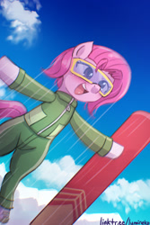 Size: 750x1125 | Tagged: safe, artist:lumineko, clothes, earth pony, female, filly, foal, goggles, imported from derpibooru, open mouth, open smile, outdoors, pamela rasteri, ponified, pony, sky, smiling, snowboard, snowboard kids, solo