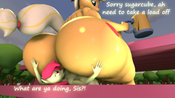 Size: 1920x1080 | Tagged: questionable, artist:demb, apple bloom, applejack, 3d, alcohol, anthro, applebutt, banned from derpibooru, big breasts, breasts, busty applejack, butt, dialogue, domination, dubious consent, faceful of ass, facesitting, female, huge breasts, huge butt, imported from twibooru, impossibly large breasts, impossibly large butt, large butt, lesbian, lolicon, part of a set, source filmmaker, the ass was fat, underage